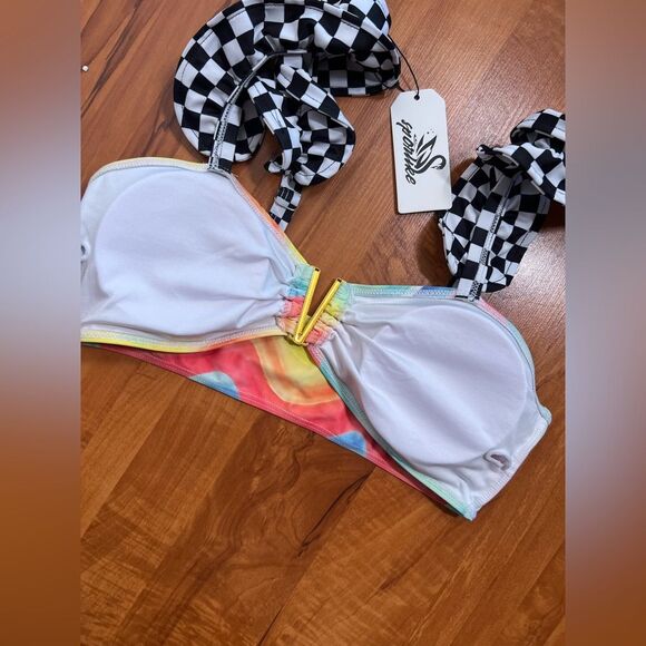 Sporlike Colorful Rainbow Bikini Top with Checkered Straps NWT large - Picture 6 of 8